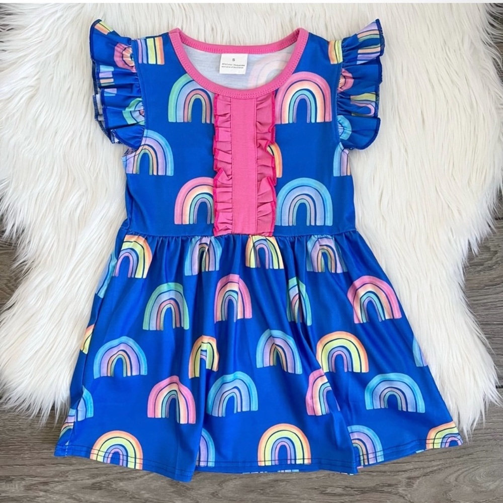 New Boutique Girls Rainbow Dress with ruffled sleeves